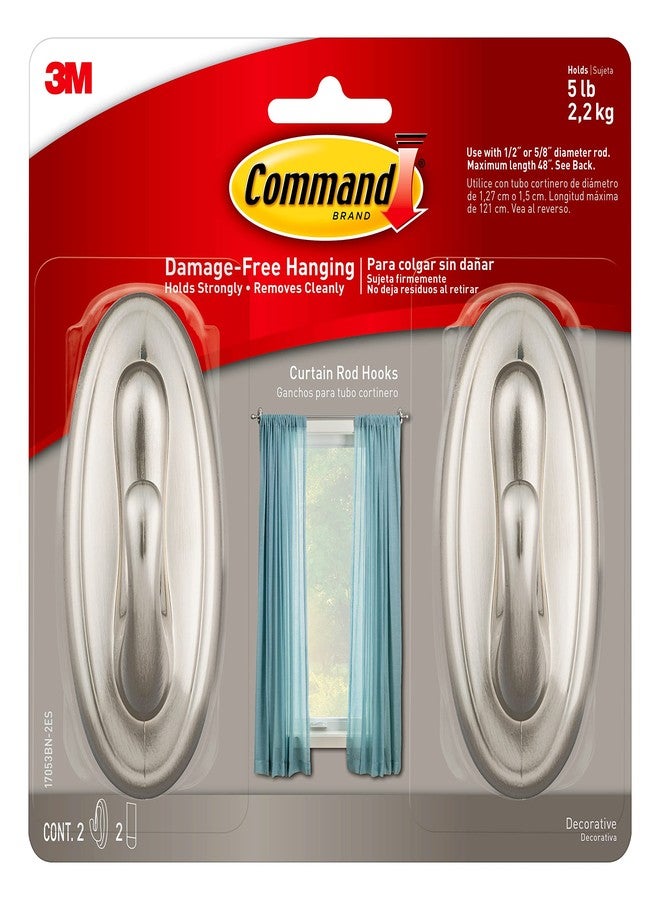 Command Curtain Rod Hooks, Large, Brushed Nickel, 2-Hooks, 2-Strips, 2-Pack, Decorate Damage-Free - Image 1