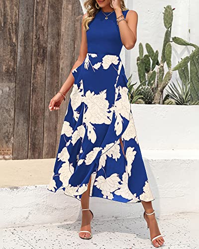 BTFBM Women Casual Sleeveless Summer Dresses 2025 Spring Crewneck Patchwork Boho Floral Ruffle Cocktail Party Midi Dress(White Floral Bright Blue, Small) - Image 2