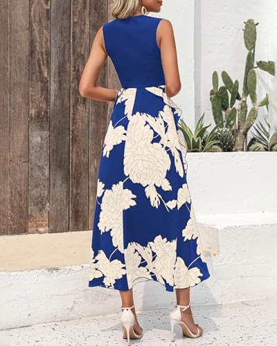 BTFBM Women Casual Sleeveless Summer Dresses 2025 Spring Crewneck Patchwork Boho Floral Ruffle Cocktail Party Midi Dress(White Floral Bright Blue, Small) - Image 5