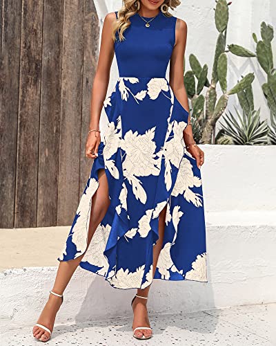 BTFBM Women Casual Sleeveless Summer Dresses 2025 Spring Crewneck Patchwork Boho Floral Ruffle Cocktail Party Midi Dress(White Floral Bright Blue, Small) - Image 3