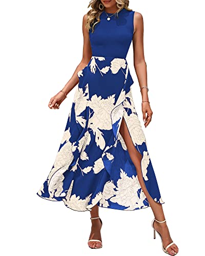 BTFBM Women Casual Sleeveless Summer Dresses 2025 Spring Crewneck Patchwork Boho Floral Ruffle Cocktail Party Midi Dress(White Floral Bright Blue, Small) - Image 1