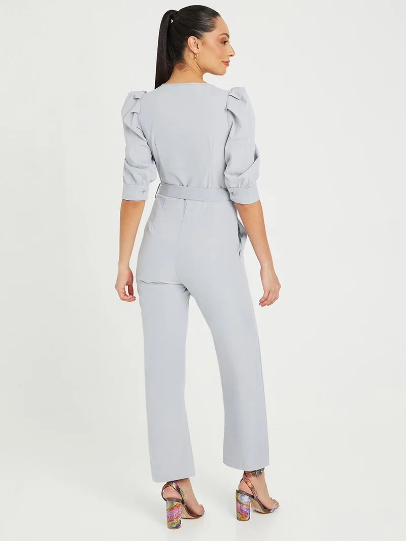 Styli Puff Sleeves Button Closure Straight Leg Jumpsuit