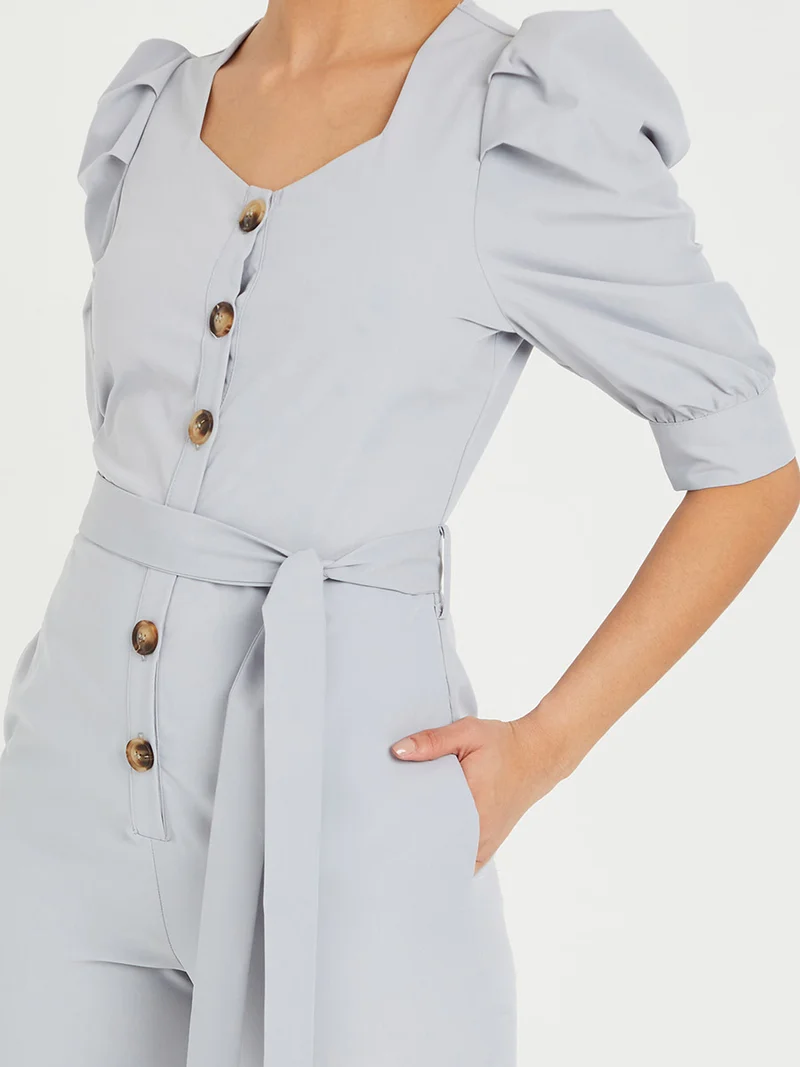 Styli Puff Sleeves Button Closure Straight Leg Jumpsuit