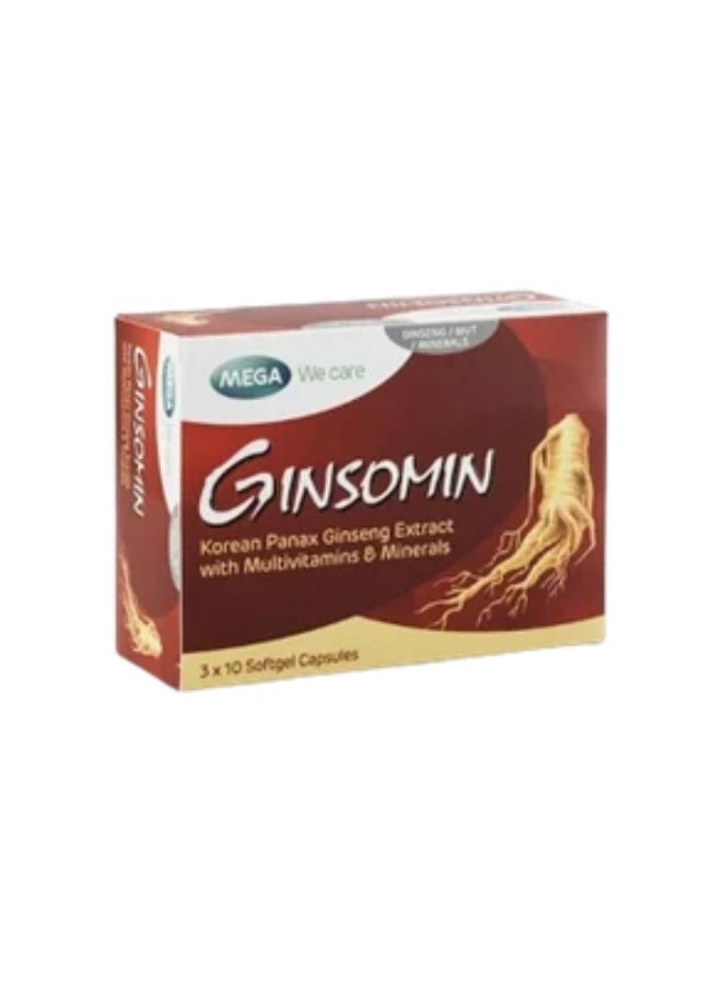 Mega We Care Ginsomin Korean Panax Ginseng Extract Capsules with Multivitamins & Minerals, 30 Softgels - Image 1