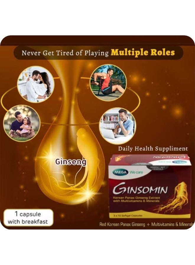 Mega We Care Ginsomin Korean Panax Ginseng Extract Capsules with Multivitamins & Minerals, 30 Softgels - Image 3