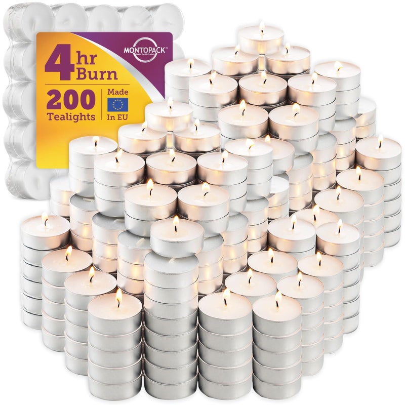MontoPack Unscented Tea Lights Candles in Bulk  200 White Smokeless Dripless  LongLasting Paraffin Tea Candles  Small Votive for Home Pool Shabbat Weddings  Emergencies