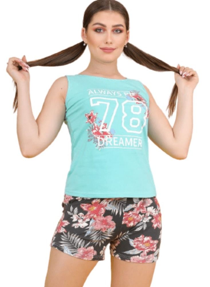 جنة طقم هوت شورت قطن بطبعات وحماله رفيعه منزليه للنساء