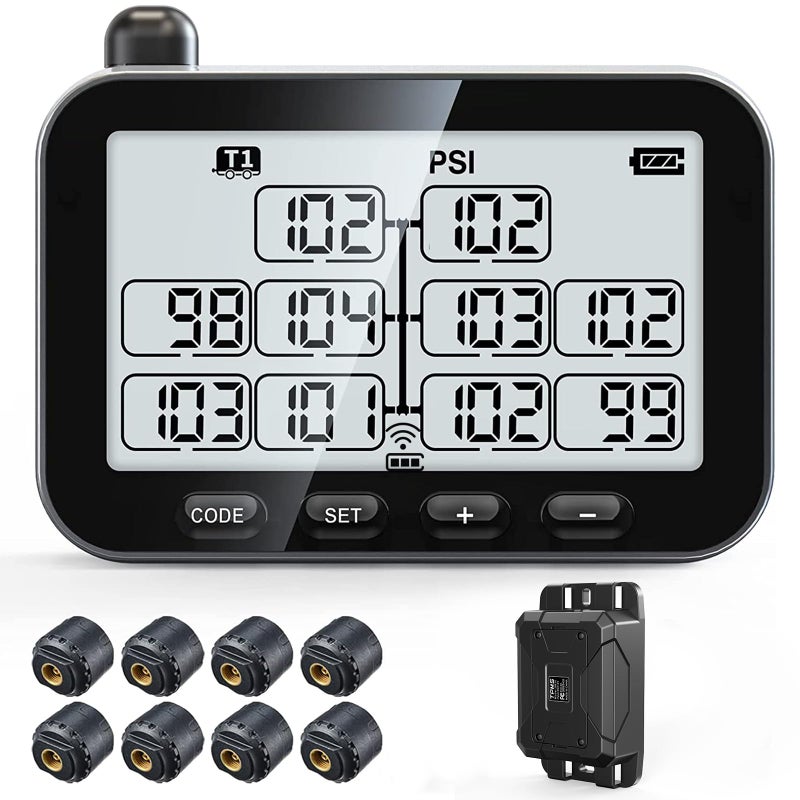 GUTA Trailer Tire Pressure Monitoring System RV TPMS with 8 Sensors 6 Alert Modes Signal Booster Power Saving Display Long Sensing Distance for 3 Trailers T1T2T3 for Camper Motor Homes