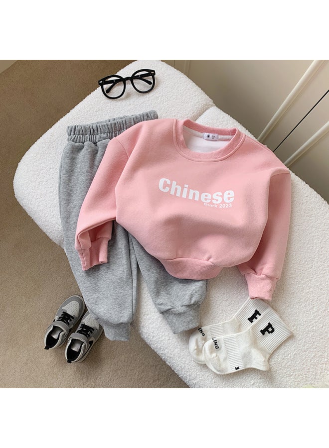 Korean Kidsren's Clothing Spring Kidsren's Cartoon Print Sweatshirt Boys And Girls Short Round Neck Long-sleeved Sweatshirt Set