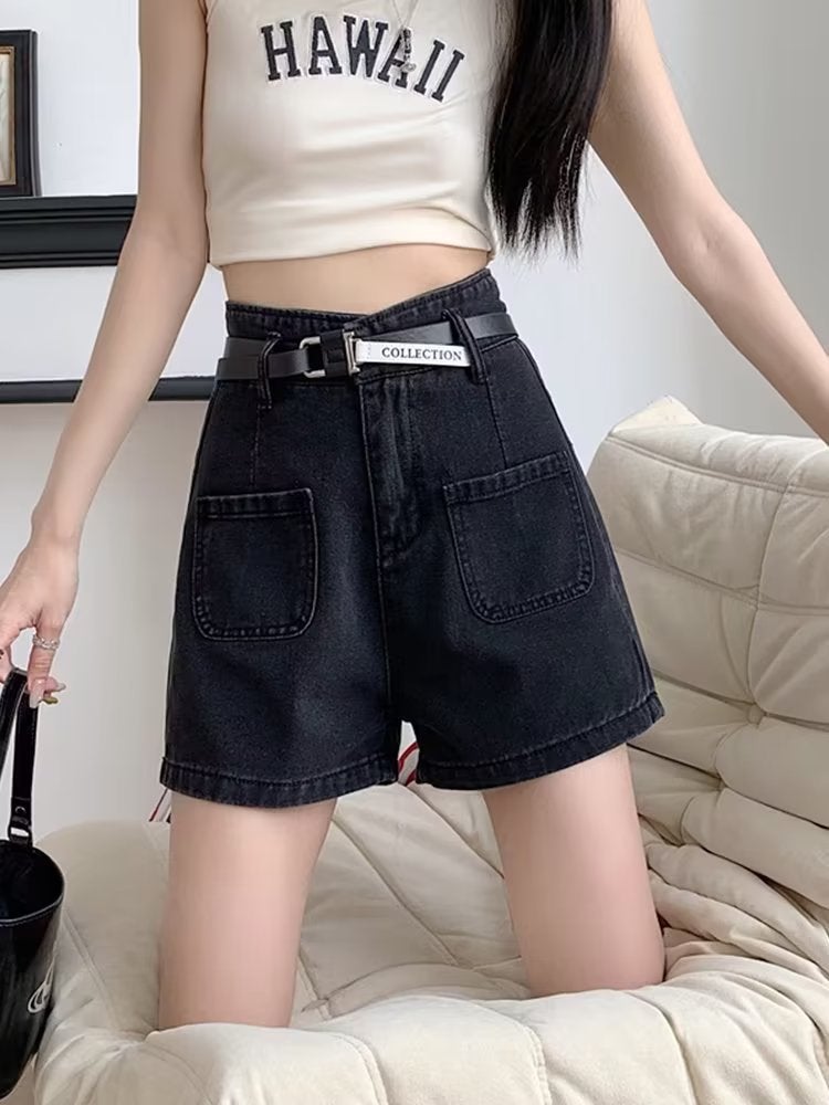 High Waist Denim Shorts Women's Summer New Large Size Fat Girl Loose Slim Belly Covering Design A- line Hot Pants