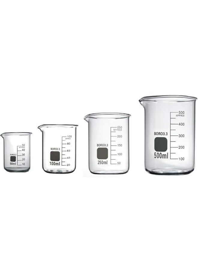 OMSONS Glass Beaker Set (50ml, 100ml, 250ml & 500ml) | Borosilicate Glass 3.3 Graduated Measuring Beakers | Heat-Resistant & Chemical-Resistant | Laboratory & Kitchen Measuring Cups | Pack of 4 - Image 1
