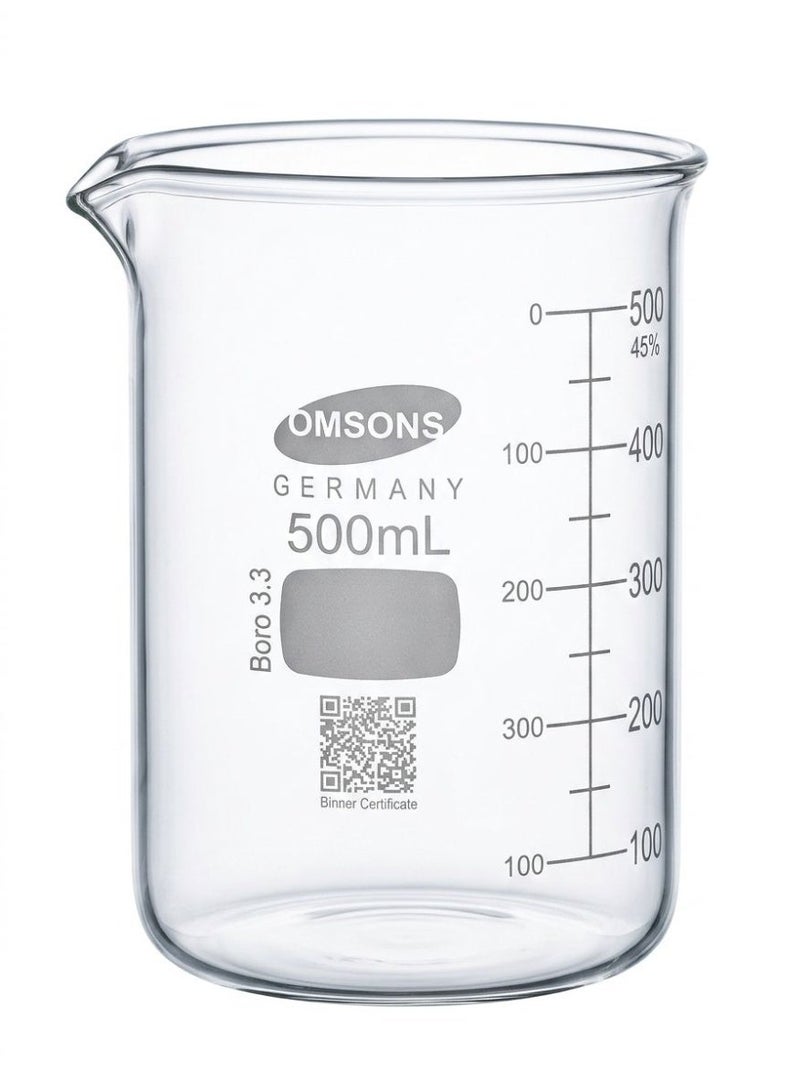 OMSONS Glass Beaker Set (50ml, 100ml, 250ml & 500ml) | Borosilicate Glass 3.3 Graduated Measuring Beakers | Heat-Resistant & Chemical-Resistant | Laboratory & Kitchen Measuring Cups | Pack of 4 - Image 4