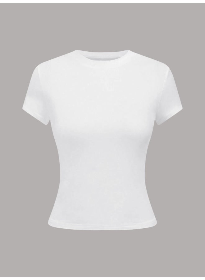 European And American Basic Style Kardashian Solid Round Neck Stretch Shoulder Short Sleeve T-shirt For Women, Summer Thin Waist-cinching Top