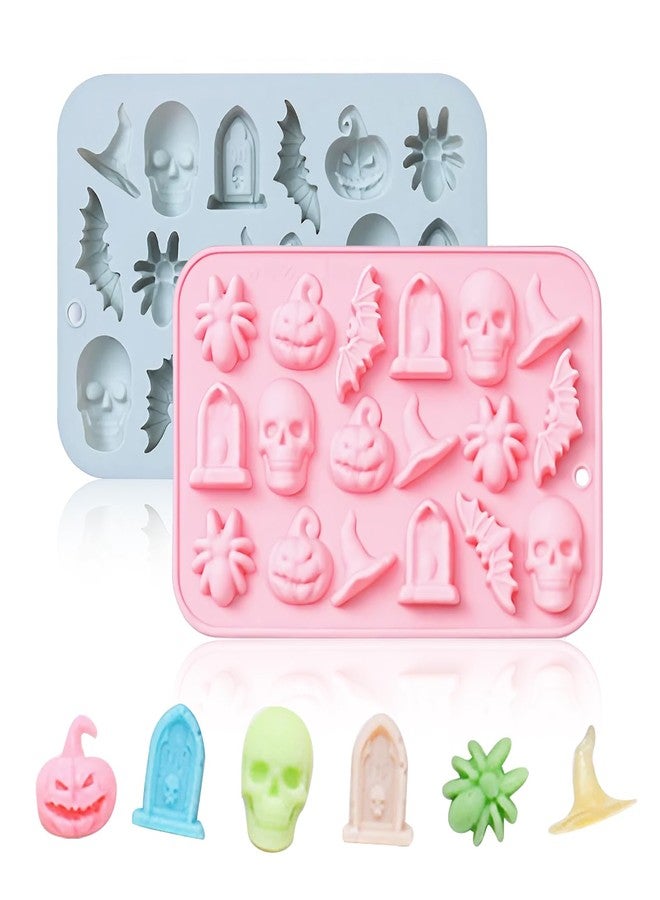 Sadoia Halloween Silicone Mold 3D Chocolate Molds for Baking Chocolates Cookies Candy Gummies - Skulls, Pumpkins, Bats, Ghosts, Witches, Tombstone Shapes (2 Pack) - Image 1