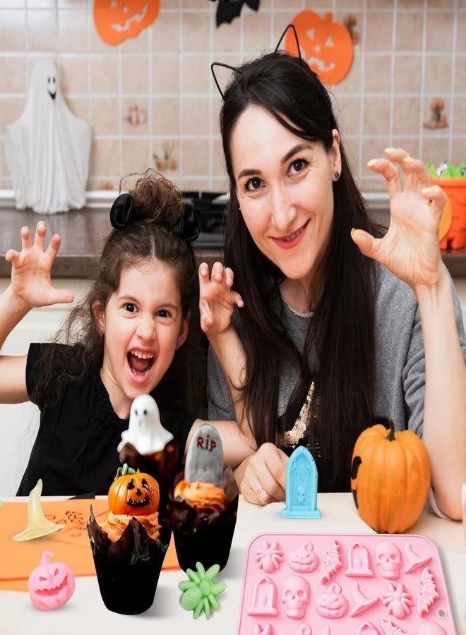 Sadoia Halloween Silicone Mold 3D Chocolate Molds for Baking Chocolates Cookies Candy Gummies - Skulls, Pumpkins, Bats, Ghosts, Witches, Tombstone Shapes (2 Pack) - Image 5