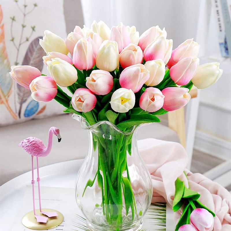 IPOPU 24PCS Pink Tulips Artificial Flowers Light Pink Tulips Fake Flowers for Tulip Flower Arrangements Home Decor Wedding Bridal Bouquet Party Baby Shower Centerpieces (Light Pink) - Image 4