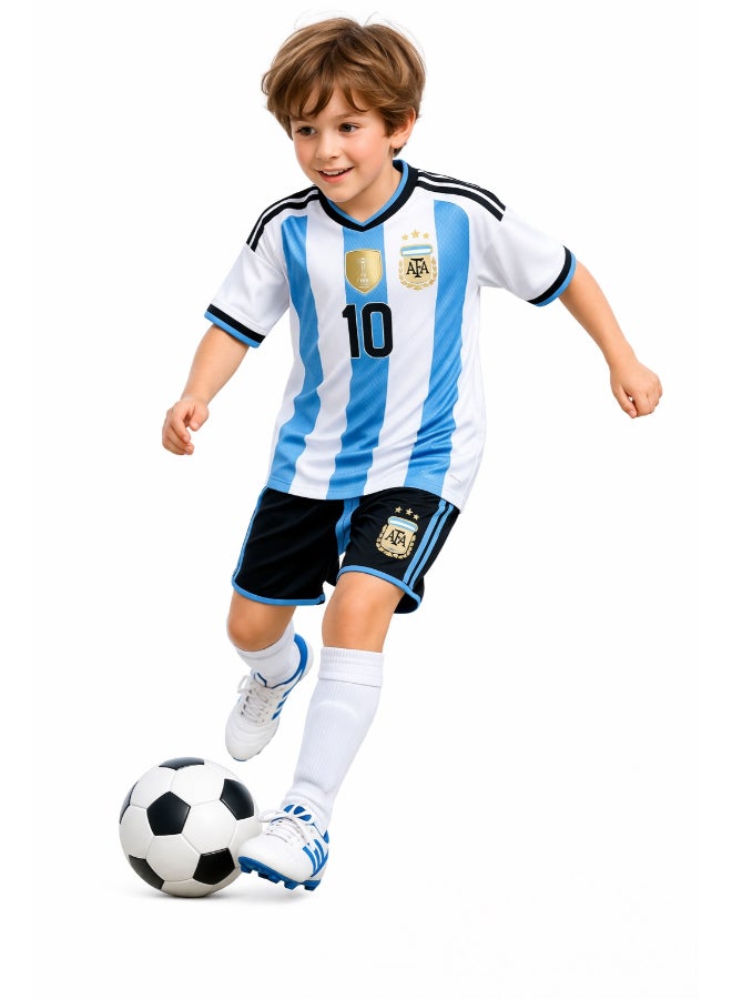 Toyland طقم قميص وشورت كرة القدم للأطفال الأرجنتيني رقم 10 - ملابس رياضية قابلة للتنفس للأطفال - الحجم 24 (7-8 سنوات) - Image 1