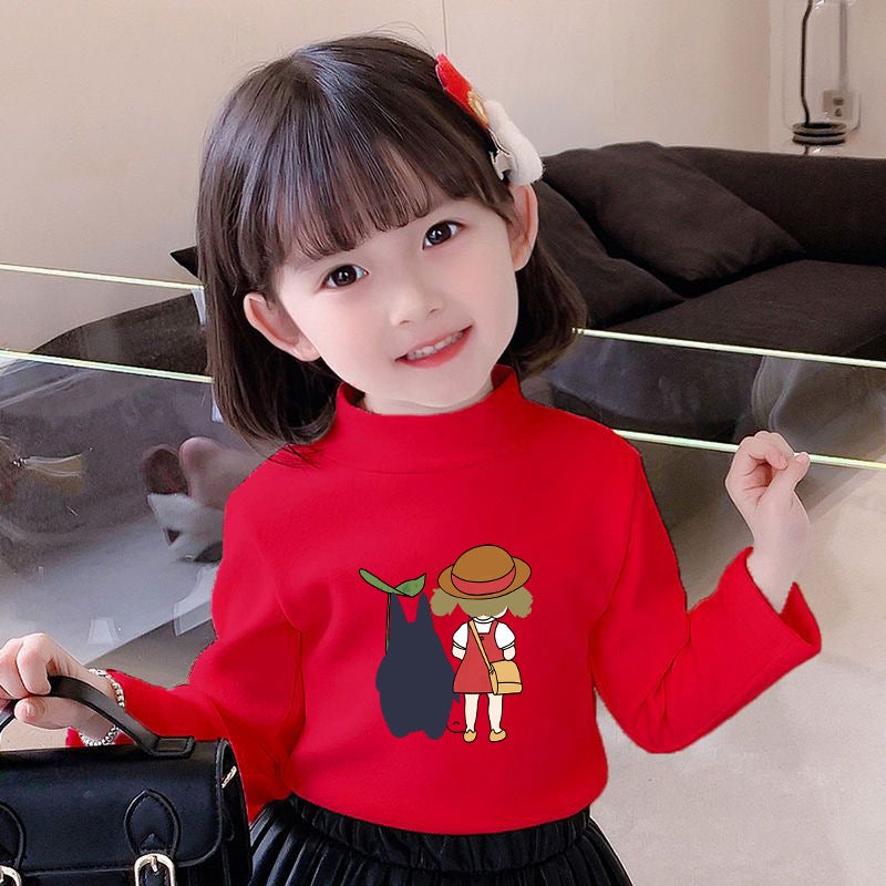 Children's Base Shirt Half-high Collar Girl's White Autumn and Winter Baby's Long-sleeved T-shirt De-velvet Base T-shirt - Image 1