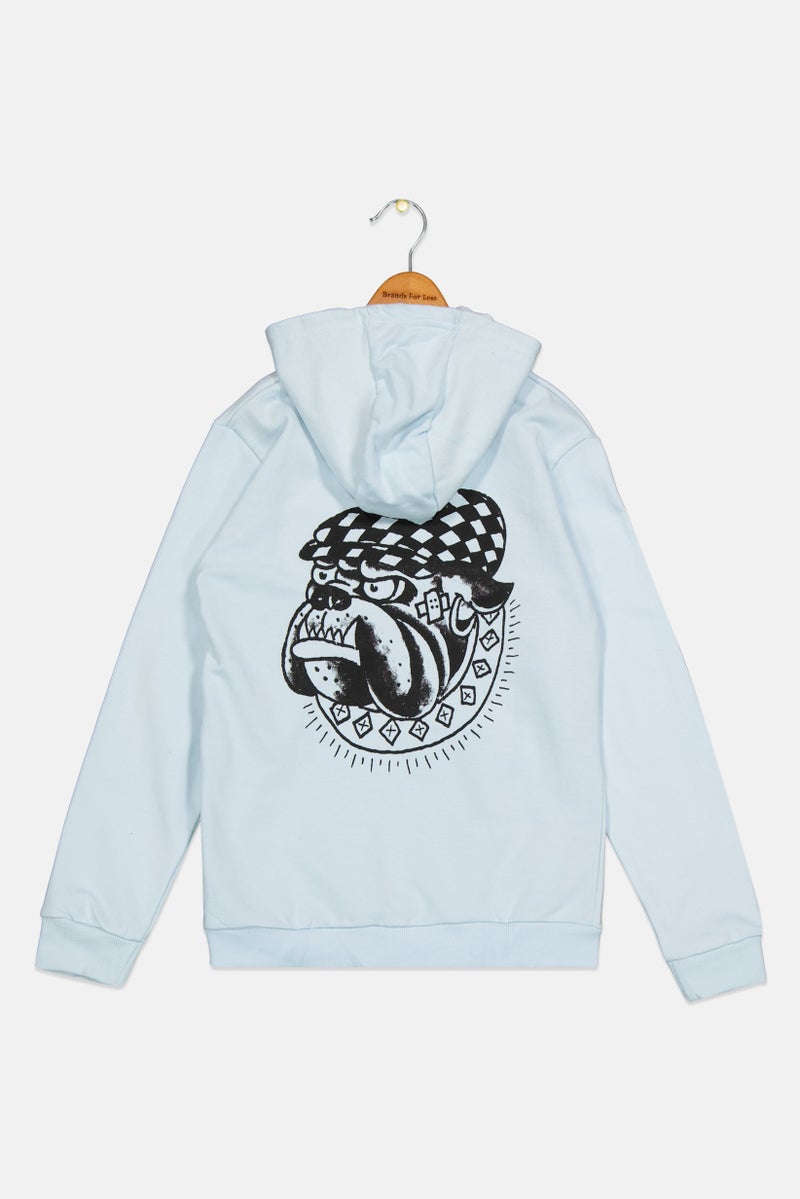 Ed Hardy سويت شيرت طويل الأكمام مع غطاء رأس للأطفال الأولاد، مزين بشعار، أزرق فاتح - Image 2