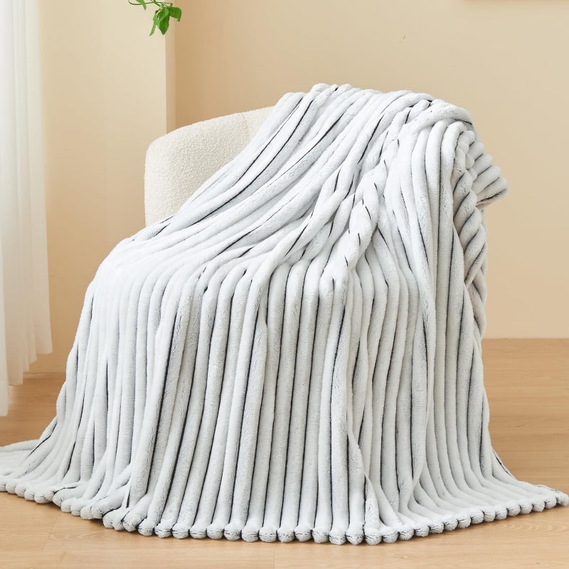 NEWCOSPLAY Super Soft Twin Blanket Black and White Premium Silky Flannel Fleece 3D Ribbed Jacquard Lightweight Bed Blanket All Season Use (Black and White Ribbed  Twin(60""x80"")) - Image 1