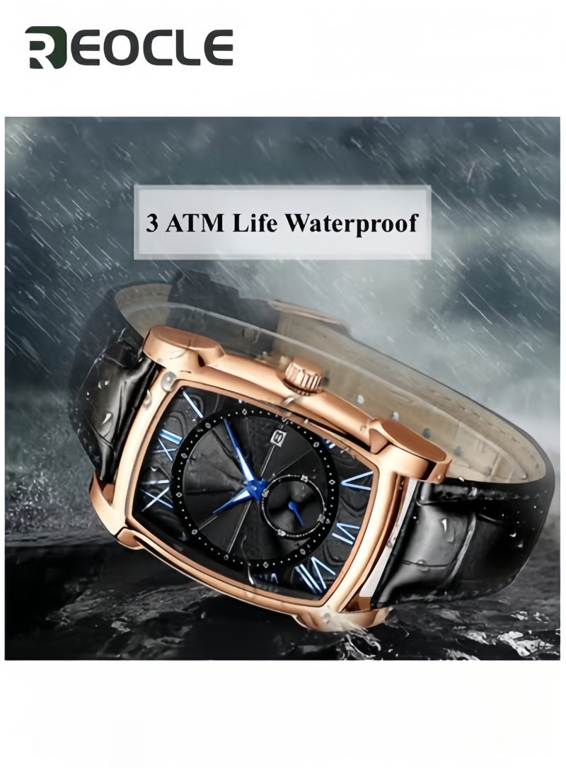 REOCLE Men's Quartz Watches with Tonneau Shape Dial & Calendar Date & Unique Seconds Subdial & Leather Strap Business Waterproof Wrist Watch for Men - Image 2