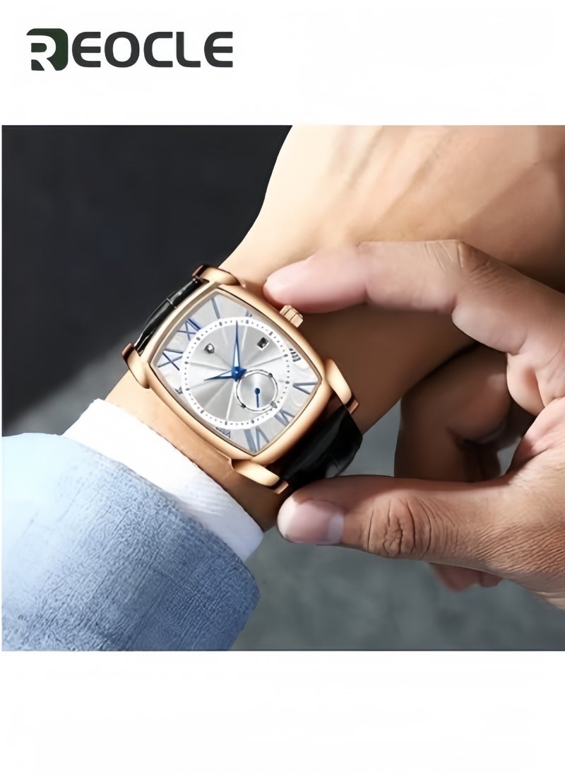 REOCLE Men's Quartz Watches with Tonneau Shape Dial & Calendar Date & Unique Seconds Subdial & Leather Strap Business Waterproof Wrist Watch for Men - Image 5