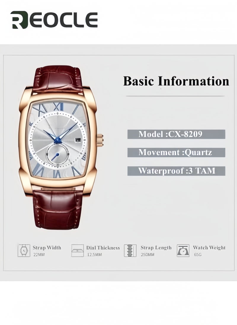 REOCLE Men's Quartz Watches with Tonneau Shape Dial & Calendar Date & Unique Seconds Subdial & Leather Strap Business Waterproof Wrist Watch for Men - Image 3