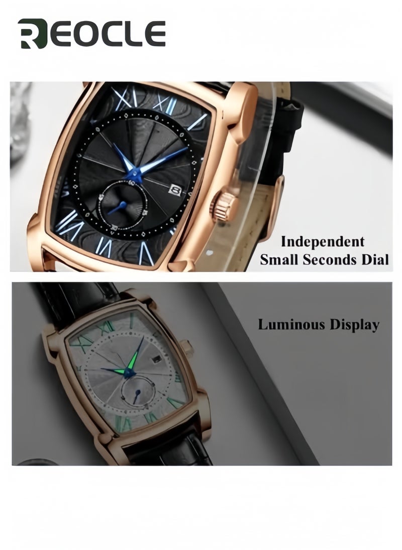REOCLE Men's Quartz Watches with Tonneau Shape Dial & Calendar Date & Unique Seconds Subdial & Leather Strap Business Waterproof Wrist Watch for Men - Image 1