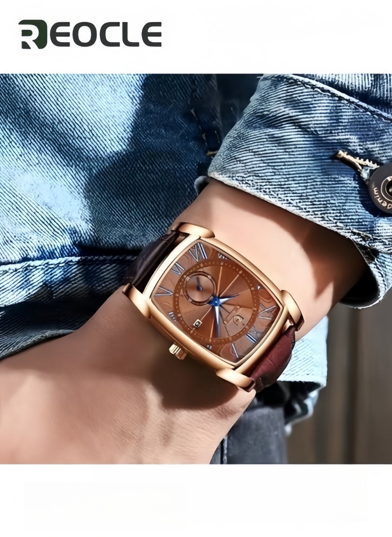REOCLE Men's Quartz Watches with Tonneau Shape Dial & Calendar Date & Unique Seconds Subdial & Leather Strap Business Waterproof Wrist Watch for Men - Image 4