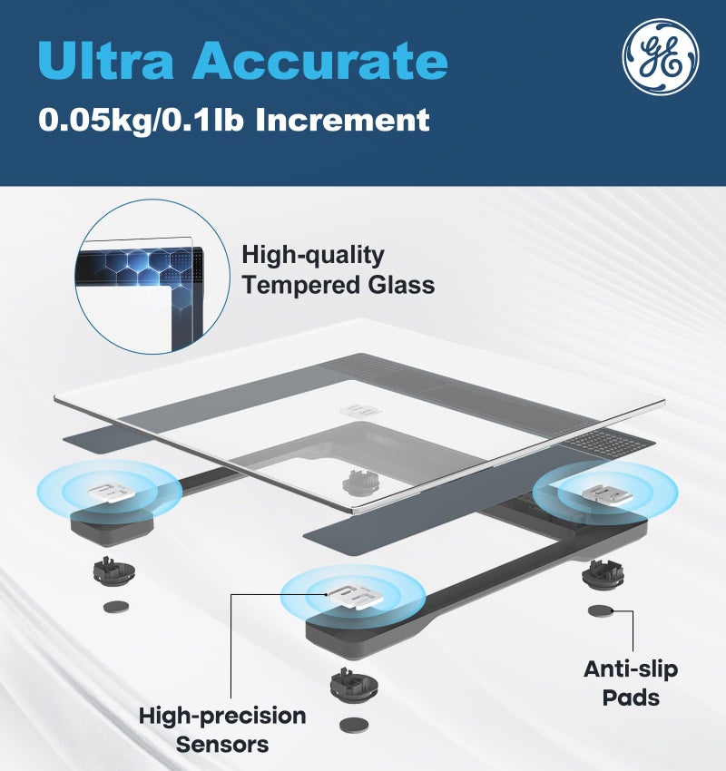 GE Bathroom Scale for Body Weight: Highly Accurate Digital Scale Weighing Machine with Clear Tempered Glass, 11.8" Large Platform, LED Display, 400 lbs, 4 Units, with Body Tape Measure and Batteries - Image 2