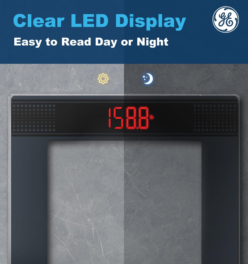 GE Bathroom Scale for Body Weight: Highly Accurate Digital Scale Weighing Machine with Clear Tempered Glass, 11.8" Large Platform, LED Display, 400 lbs, 4 Units, with Body Tape Measure and Batteries - Image 4