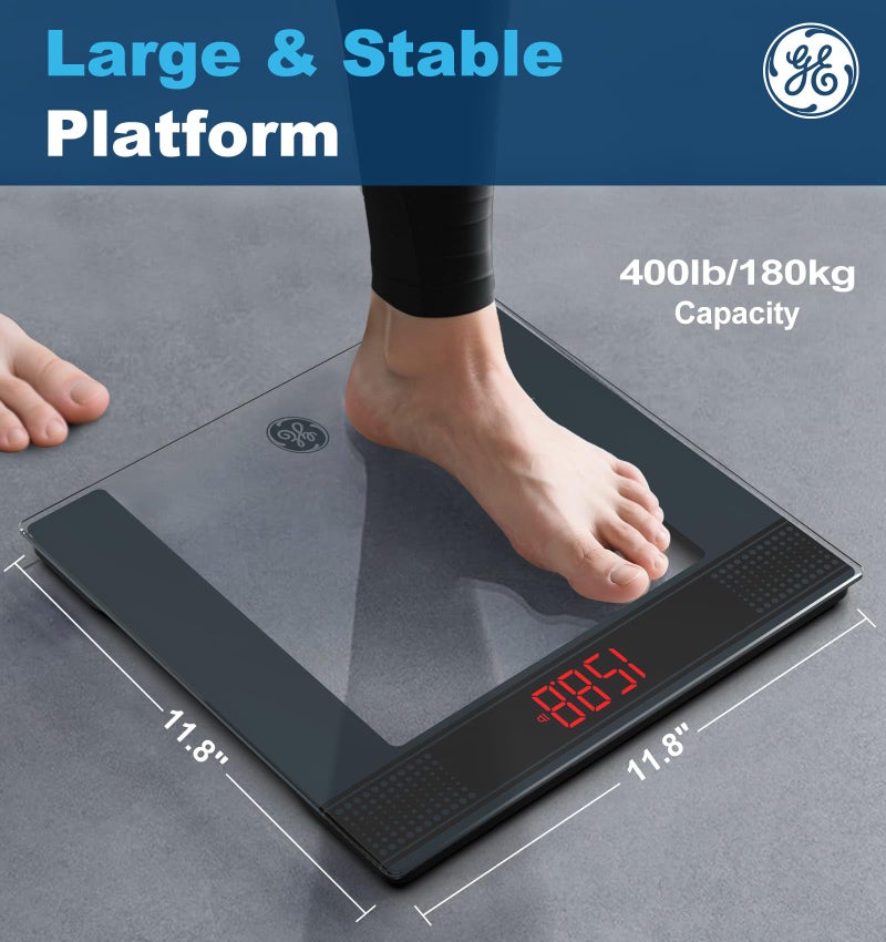 GE Bathroom Scale for Body Weight: Highly Accurate Digital Scale Weighing Machine with Clear Tempered Glass, 11.8" Large Platform, LED Display, 400 lbs, 4 Units, with Body Tape Measure and Batteries - Image 3