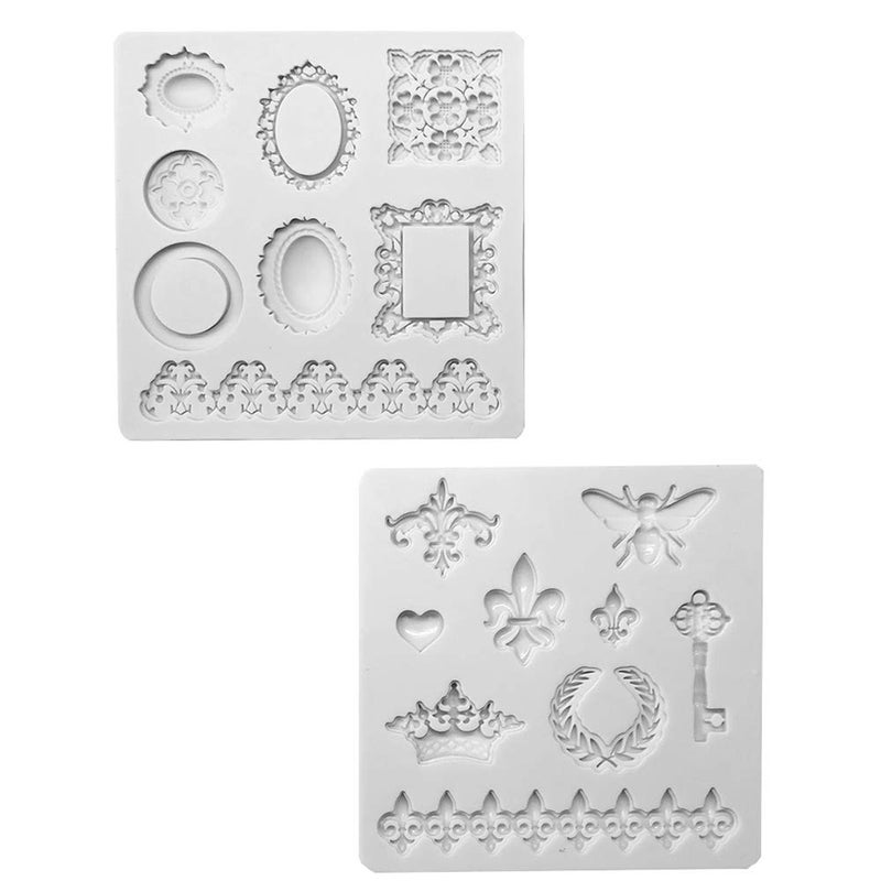Jurxy 2PCS Silicone Fondant Cake Decorating Mold for Chocolate  Baking  Sugar Craft  Polymer Clay  Soap  Cupcake - Bee Crown Key Mirror Heart Lace Photo Frame - Gray -S size - Image 1