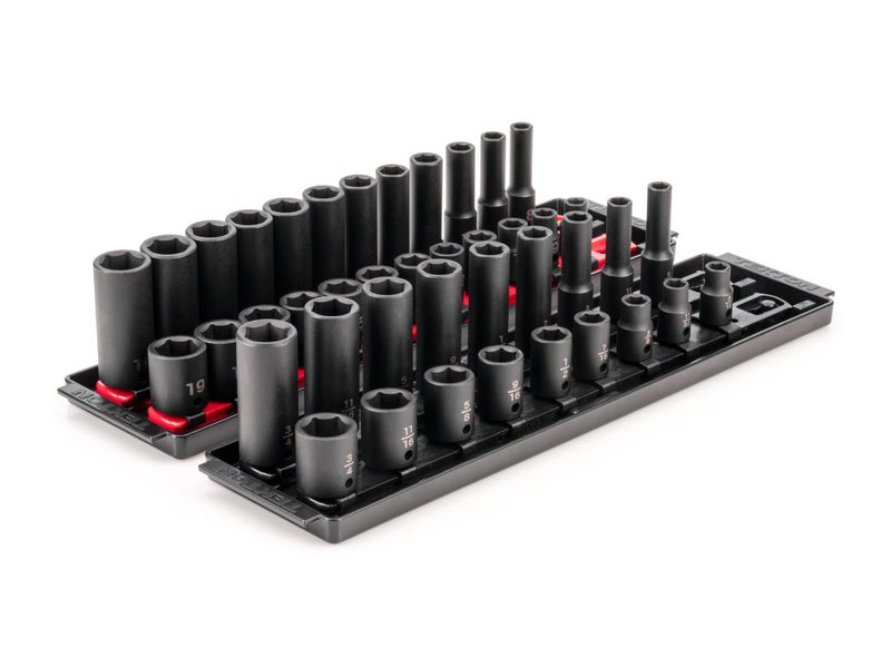 TEKTON 38 Inch Drive 6Point Impact Socket Set with Rails and Trays 42Piece 51634 in 819 mm SID91216