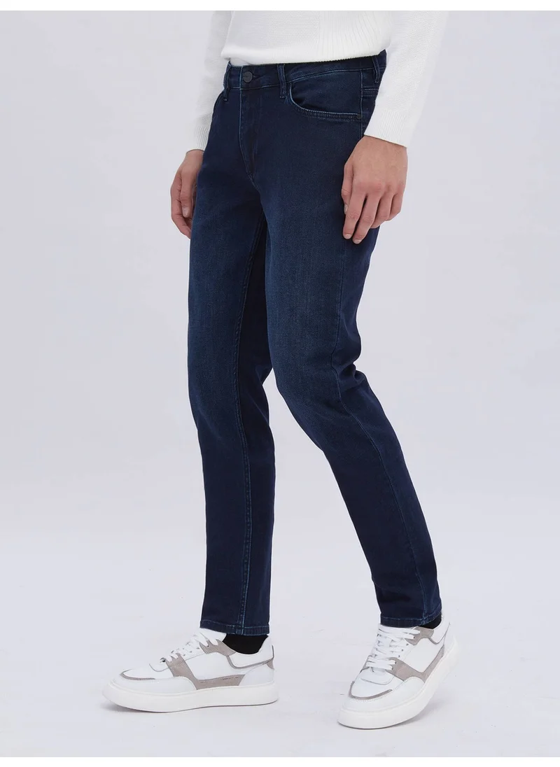 Kip Navy Blue Slim Fit Denim Cotton Blend Trousers