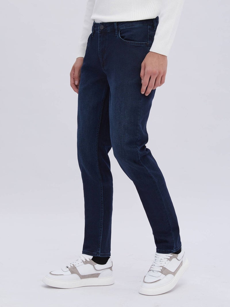 Kip Navy Blue Slim Fit Denim Cotton Blend Trousers  - Image 2