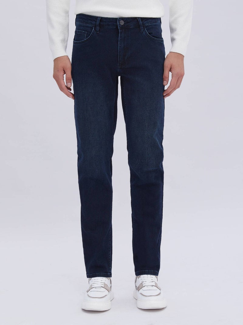 Kip Navy Blue Slim Fit Denim Cotton Blend Trousers  - Image 3