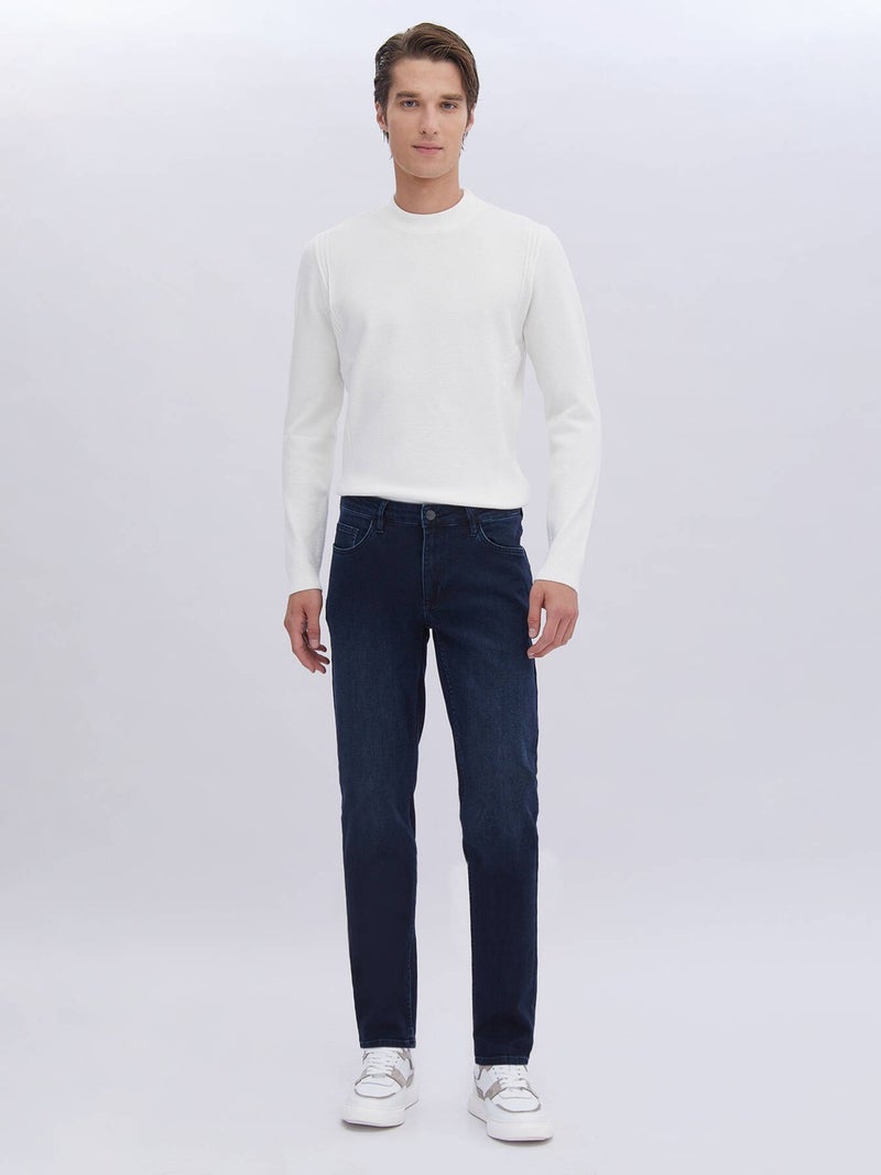 Kip Navy Blue Slim Fit Denim Cotton Blend Trousers  - Image 1