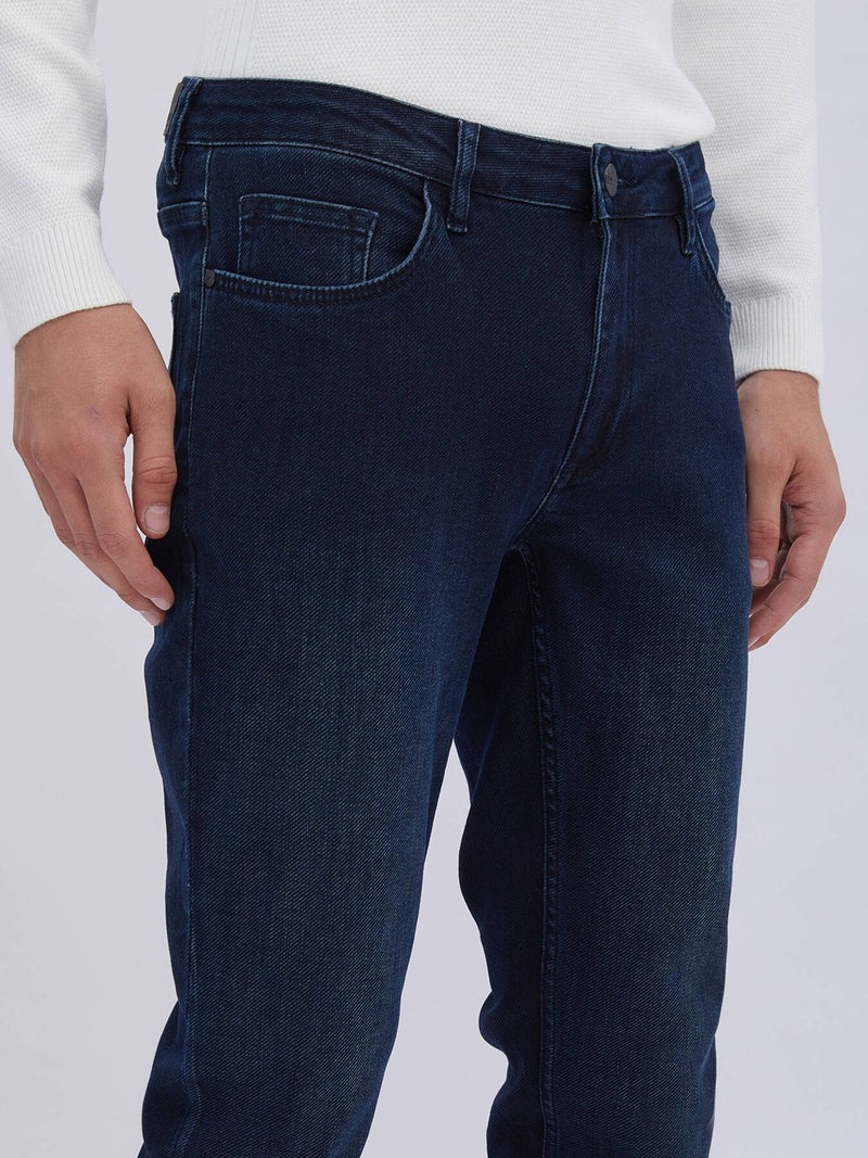 Kip Navy Blue Slim Fit Denim Cotton Blend Trousers  - Image 4