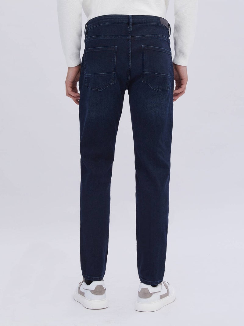 Kip Navy Blue Slim Fit Denim Cotton Blend Trousers  - Image 5