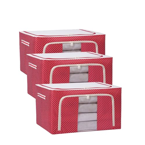 Raggle 4PCS polycotton Clothes Storage Organizer Bins, Foldable Storage Bins-Cloth Steel Frame Storage Box with Foldable Clear Window & Reinforced Handles (Red, 24L-4) - Image 1