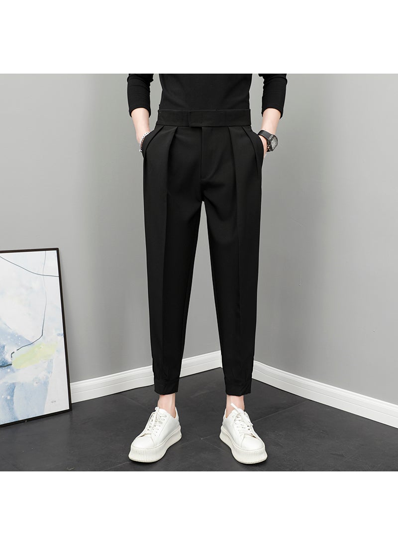 Generic - Summer Thin Ice Silk Cropped Pants Mens Magic Binding Footwear Casual Versatile Trendy Brand Harajuku Small Trousers For Men S4 black (regular trousers) - Image 1