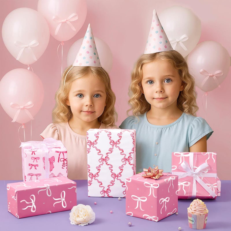 WERNNSAI Pink Bow Wrapping Papers - 3 Rolls 17â€ x 120â€ Princess Bow Wrapping Paper for Girls Women Birthday Gift Packing Supplies Wedding Baby Shower Graduation Party Decor Favor - Image 4