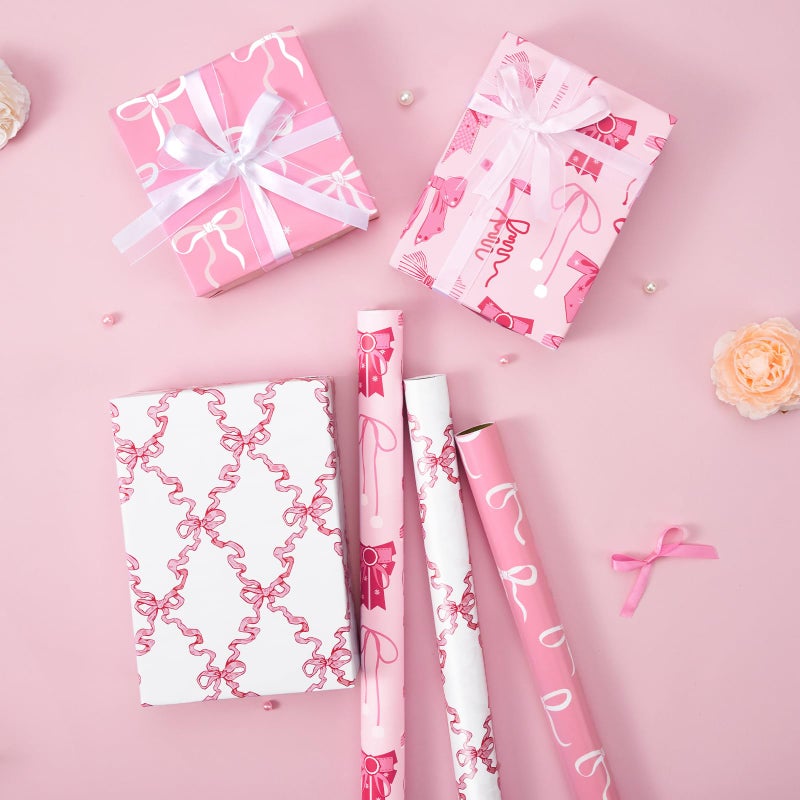 WERNNSAI Pink Bow Wrapping Papers - 3 Rolls 17â€ x 120â€ Princess Bow Wrapping Paper for Girls Women Birthday Gift Packing Supplies Wedding Baby Shower Graduation Party Decor Favor - Image 3