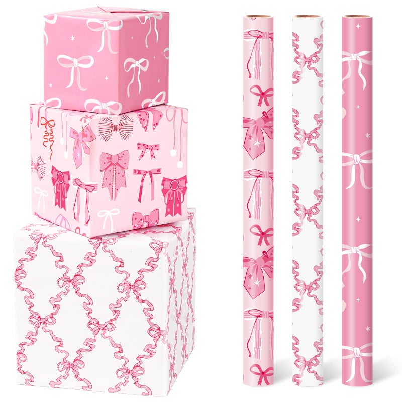 WERNNSAI Pink Bow Wrapping Papers - 3 Rolls 17â€ x 120â€ Princess Bow Wrapping Paper for Girls Women Birthday Gift Packing Supplies Wedding Baby Shower Graduation Party Decor Favor - Image 1
