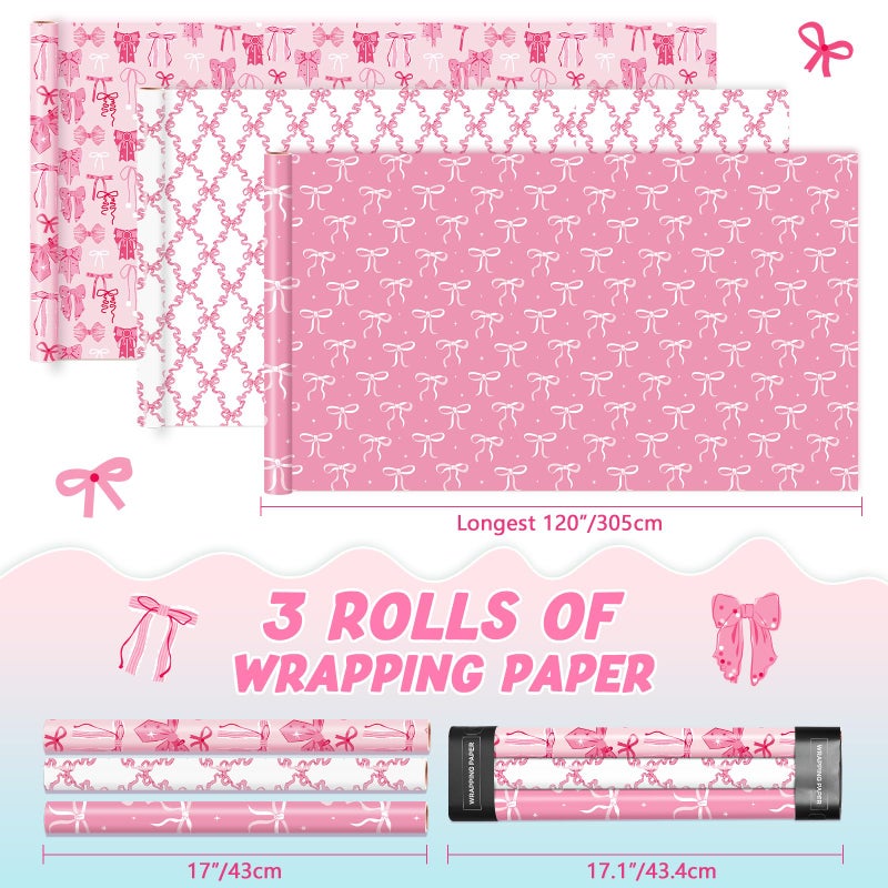 WERNNSAI Pink Bow Wrapping Papers - 3 Rolls 17â€ x 120â€ Princess Bow Wrapping Paper for Girls Women Birthday Gift Packing Supplies Wedding Baby Shower Graduation Party Decor Favor - Image 5