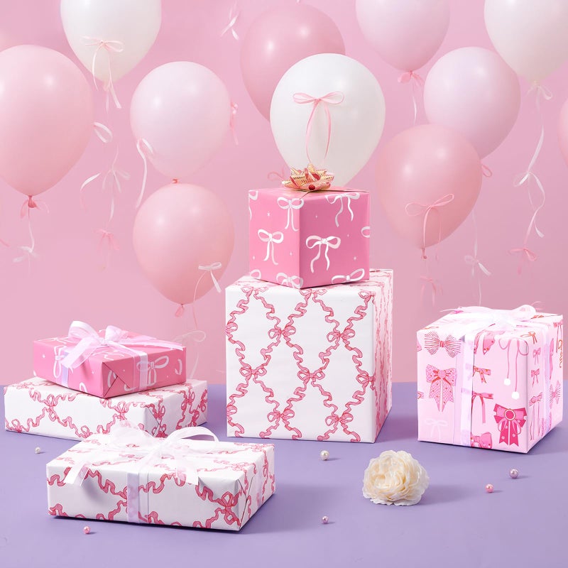 WERNNSAI Pink Bow Wrapping Papers - 3 Rolls 17â€ x 120â€ Princess Bow Wrapping Paper for Girls Women Birthday Gift Packing Supplies Wedding Baby Shower Graduation Party Decor Favor - Image 2