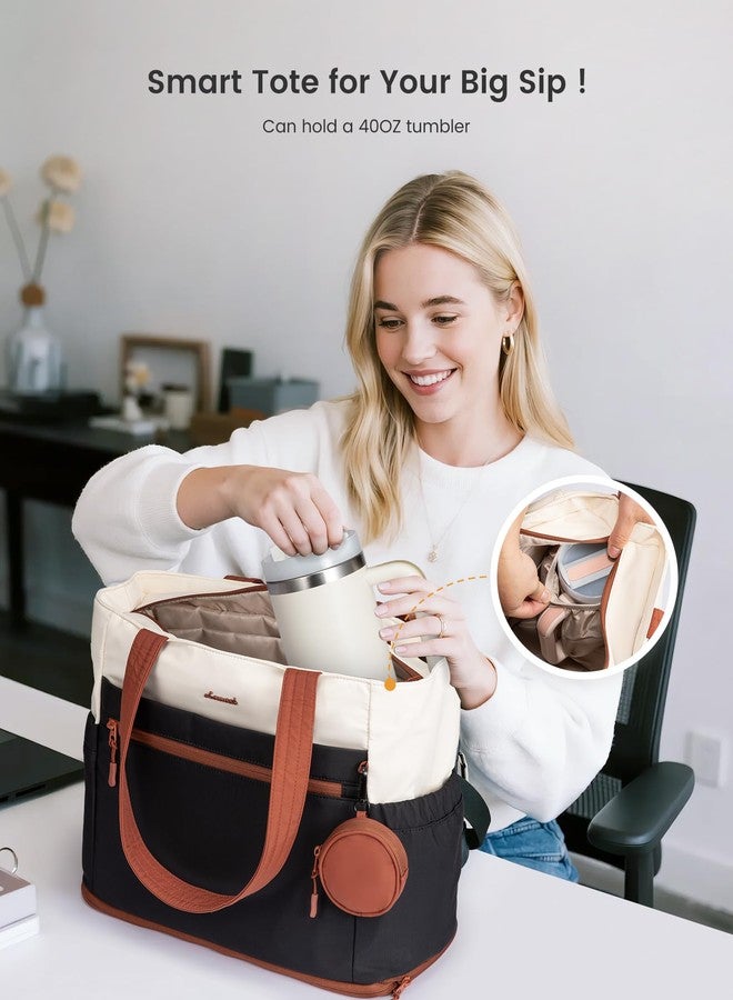 لوف فوك حقيبة يد نسائية من لوففوك، حقيبة كمبيوتر محمول كبيرة وحقيبة عمل بسحاب للسفر، مقاس 17.3 بوصة، لون كريمي، أسود، بني. - Image 4