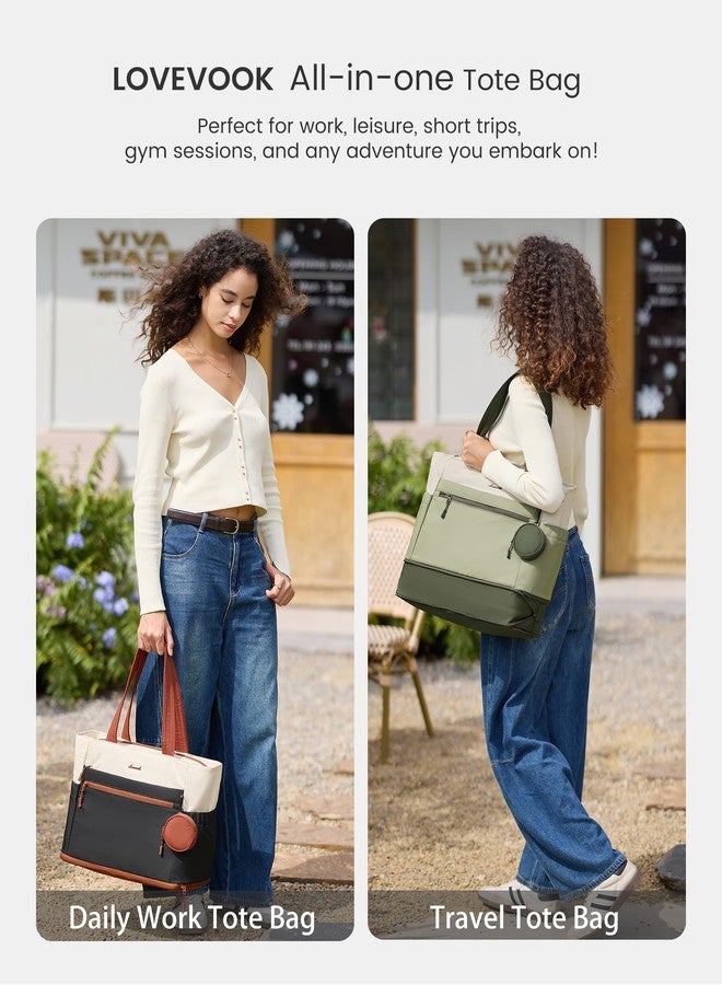 لوف فوك حقيبة يد نسائية من لوففوك، حقيبة كمبيوتر محمول كبيرة وحقيبة عمل بسحاب للسفر، مقاس 17.3 بوصة، لون كريمي، أسود، بني. - Image 5