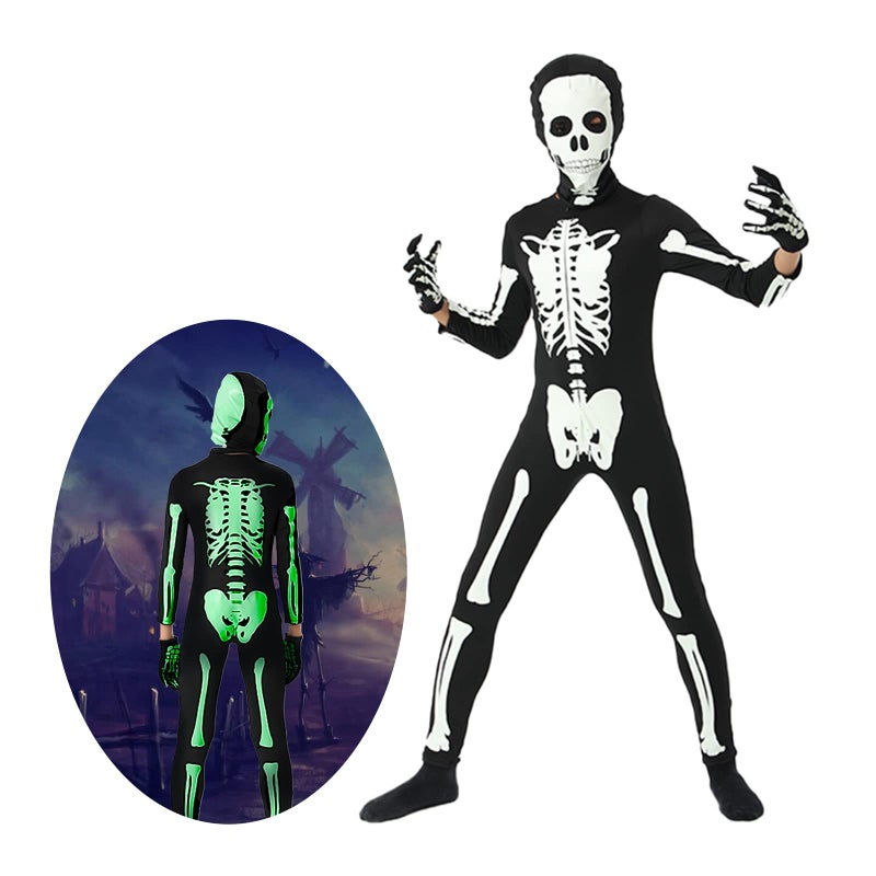 Cupohus NEW UPDATE Halloween Costume Glow in Dark compatible for Skeleton Costume Bodysuit Jumpsuit Black and White Halloween Jumpsuit Costume UnisexKidsL